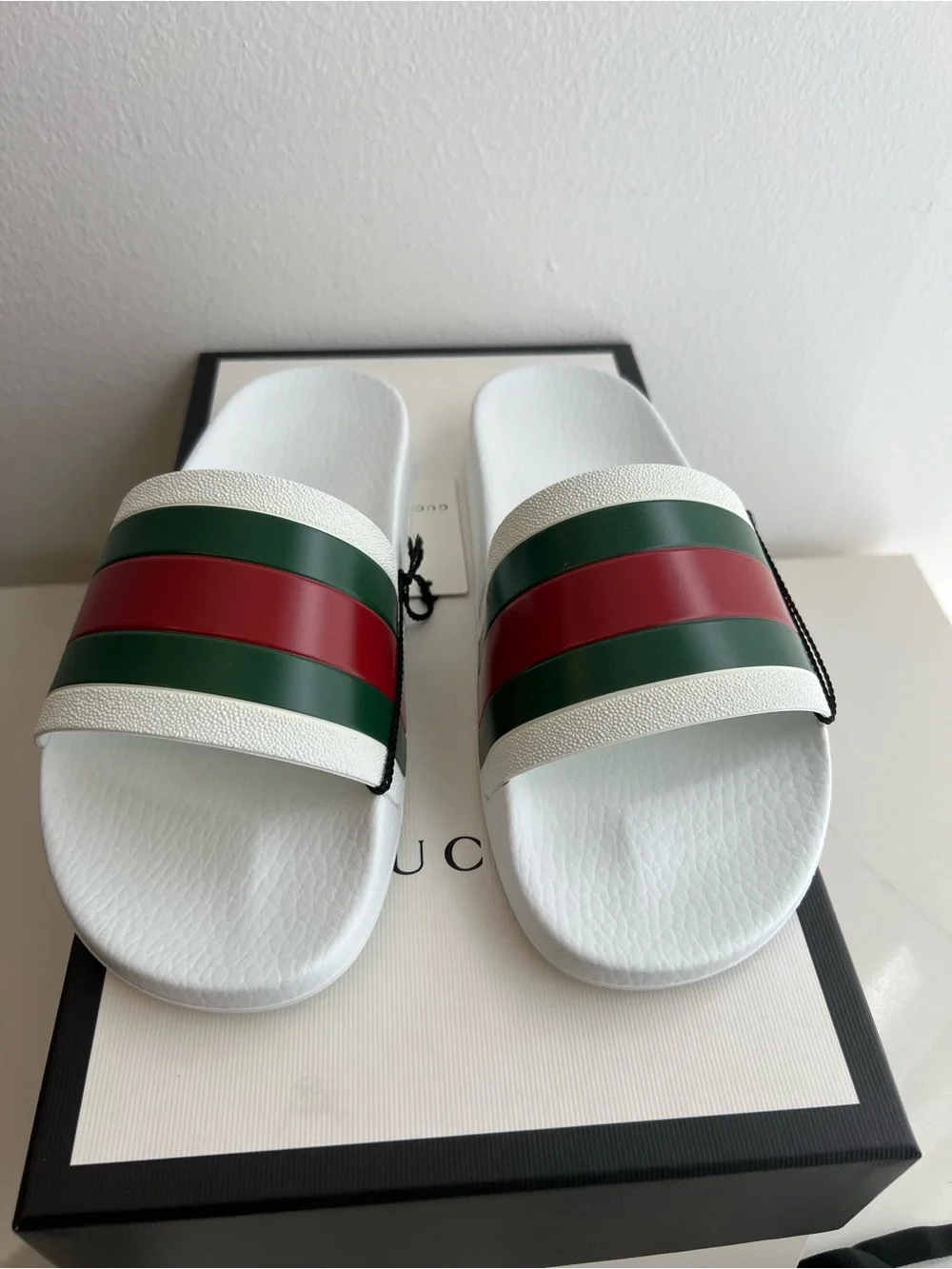 Gucci White Slides with Green & Red Stripes - Luxury Designer Style